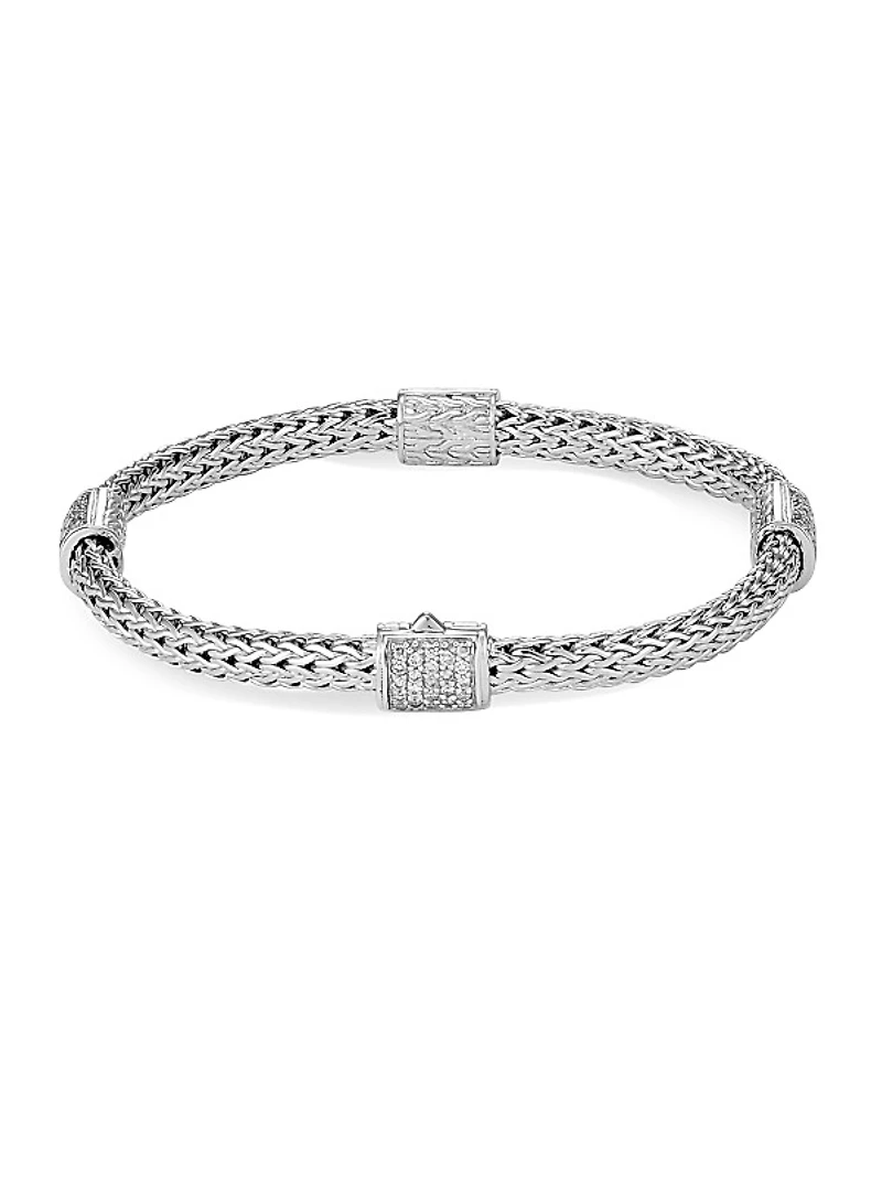 Classic Chain Sterling Silver & 0.73 TCW Diamond Four-Station Bracelet