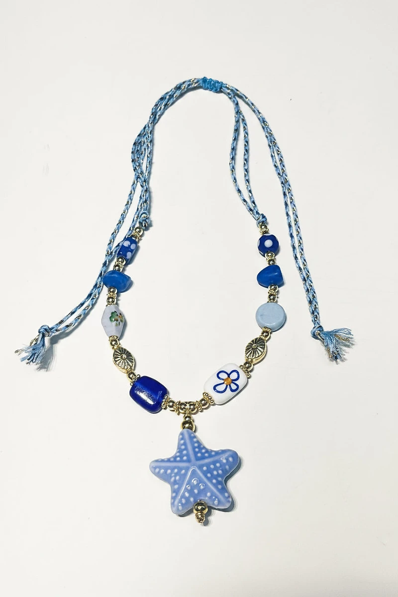 COLLAR DE ESTRELLA DE MAR CERAMICA, AJUSTABLE, CRISTALES MURANOS, OVAL INDIA ENCHAPE 24K