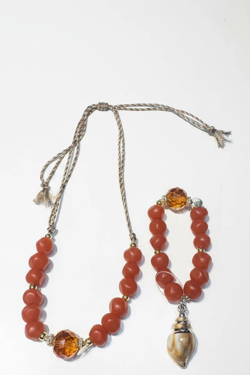 SET RESINA COLLAR AJUSTABLE CRISTAL, PULSERA CARACOL ACRILICO BEADS ORO 24K