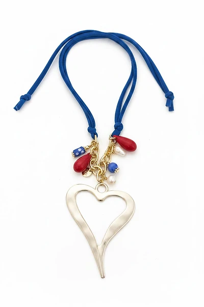 COLLAR AJUSTABLE, MULTI-CHARM, PERLAS DE AGUA DLC, MURANO, CTL TORNASOL, GOTAS HOWLITE ROJO, CORAZON GRANDE