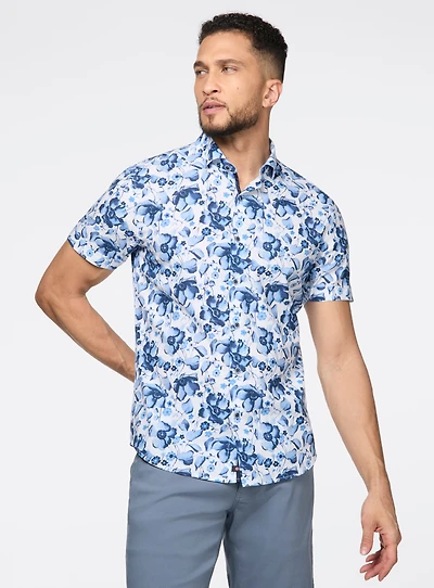 Chemise effet lin à motif de pivoines