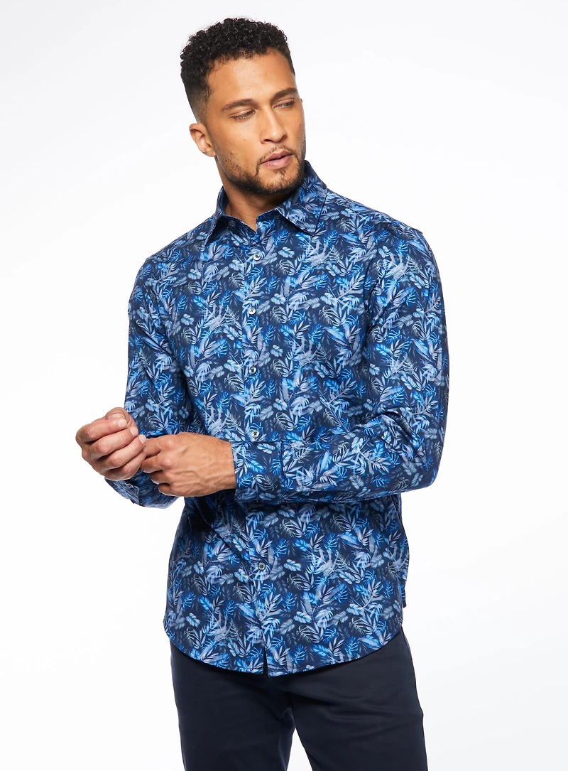 Blue Fern Print Stretch Shirt