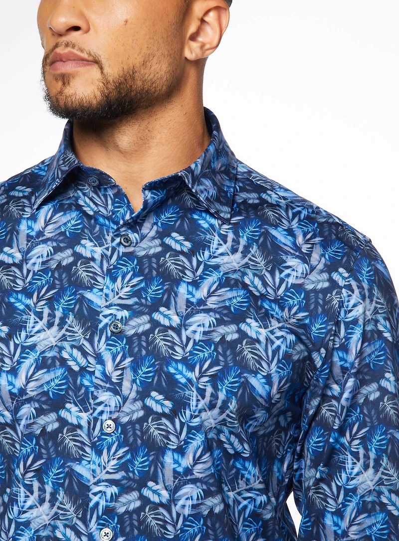 Blue Fern Print Stretch Shirt