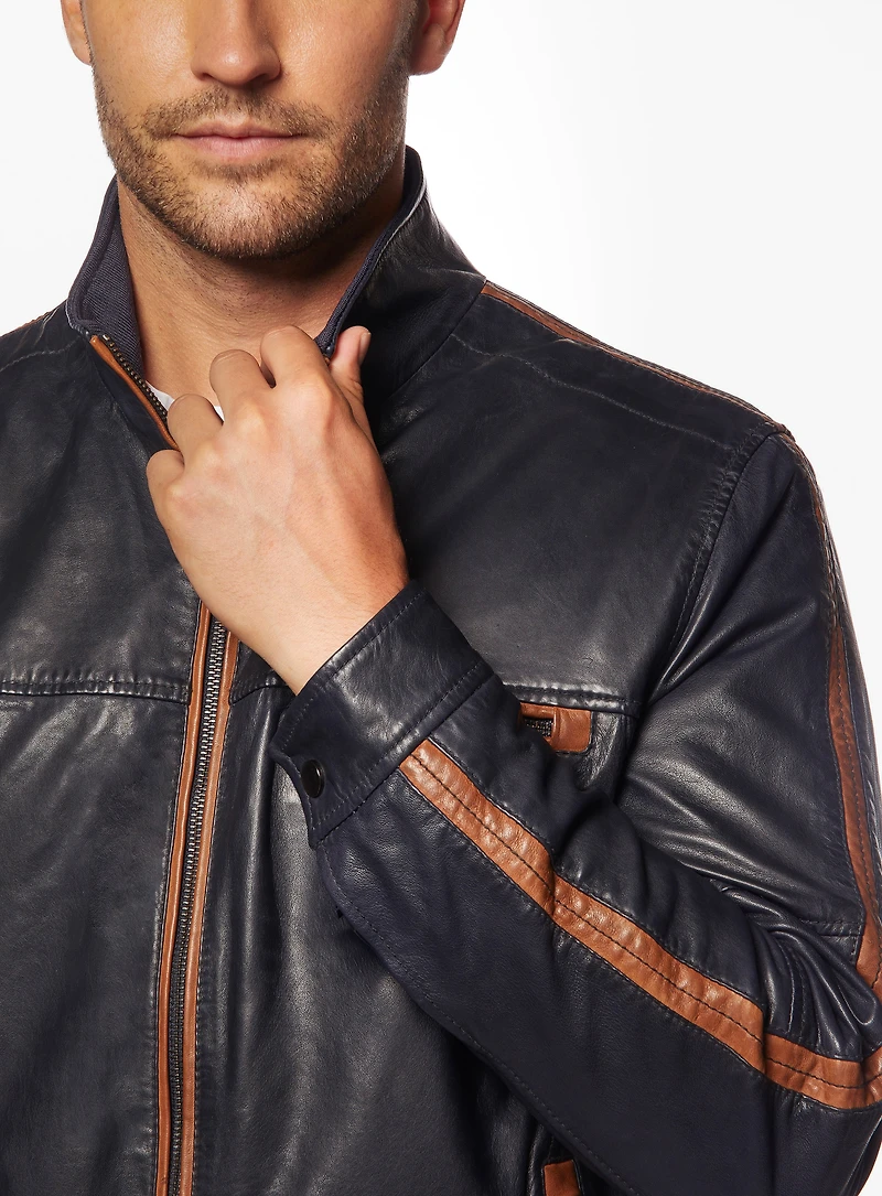 Contrasting Details Leather Coat