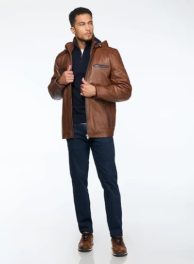 Manteau en cuir cognac à capuchon