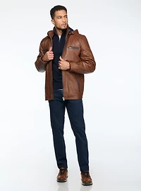 Manteau en cuir cognac à capuchon