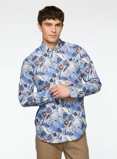 Chemise bleue à imprimé de feuilles
