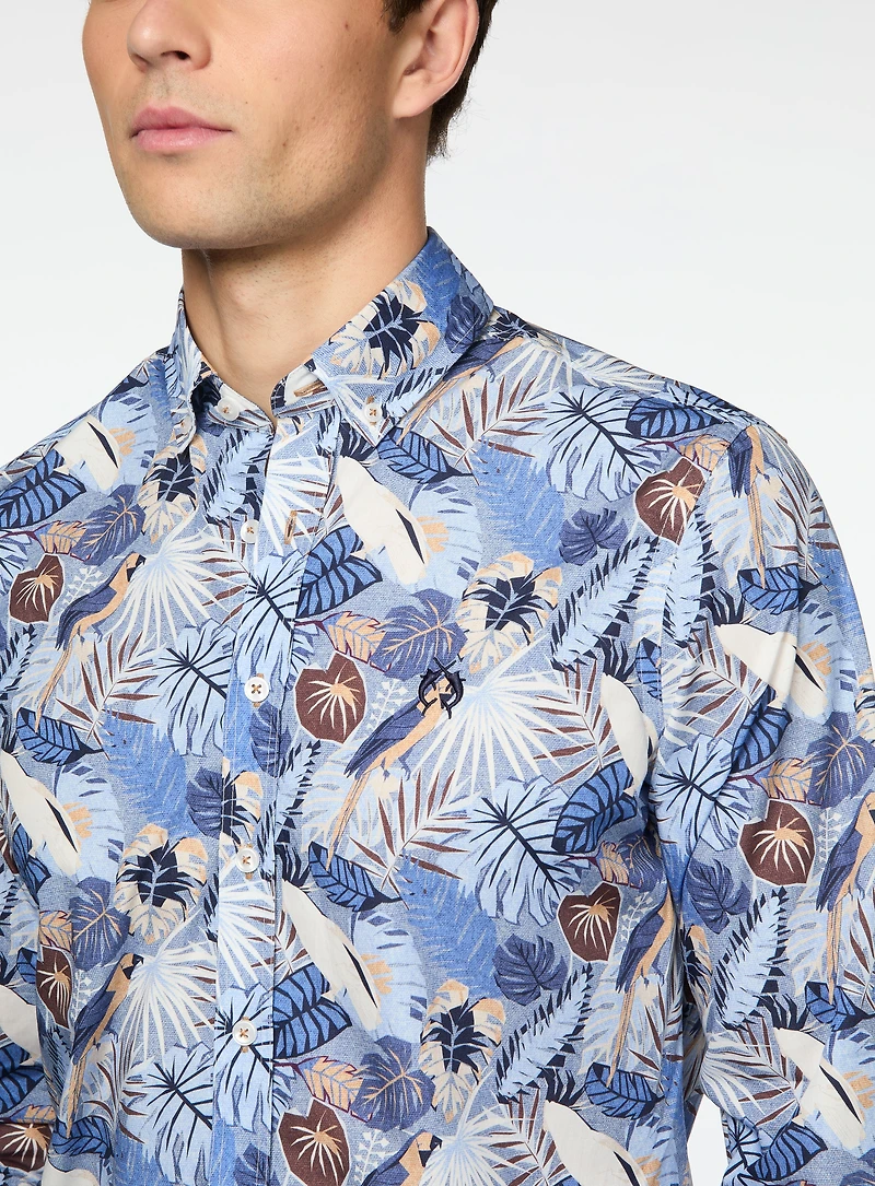 Chemise bleue à imprimé de feuilles