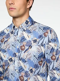 Chemise bleue à imprimé de feuilles