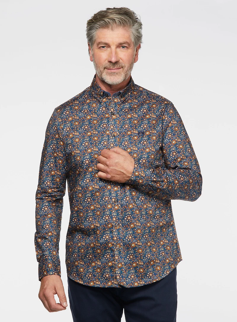 Chemise marine à fleurs rouilles