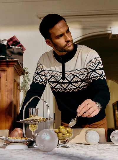 Chandail noir fairisle à demi fermeture éclair