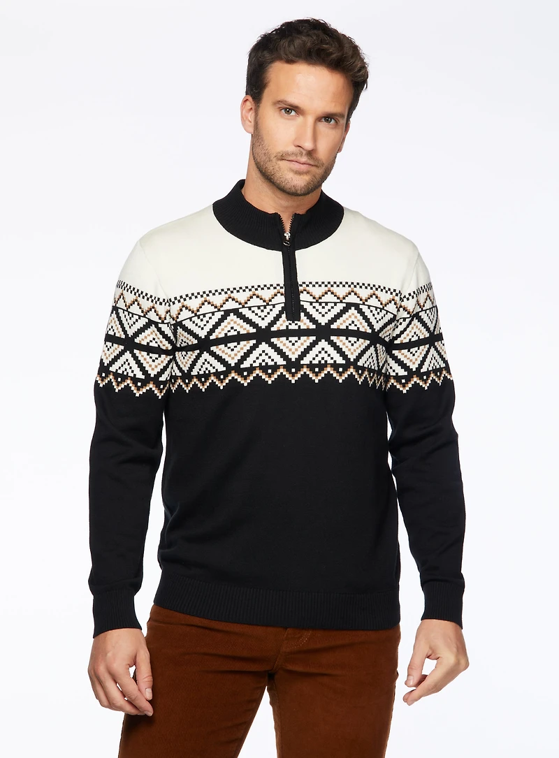 Chandail noir fairisle à demi fermeture éclair