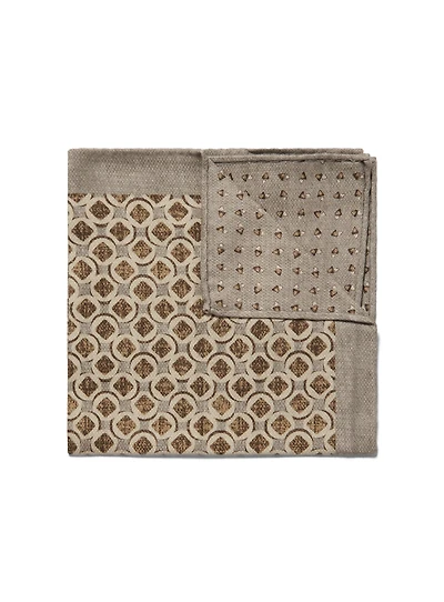 Grey Reversible Pocket Square with Cognac Pattern