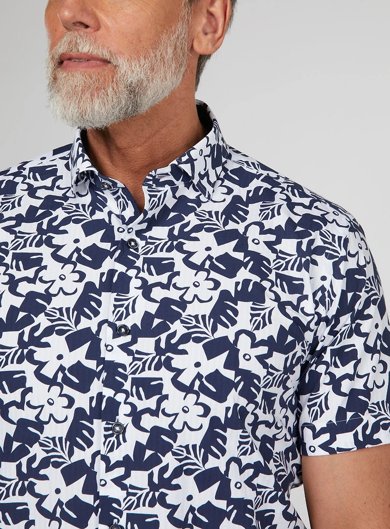 Abstract Flowers Print Seersucker Shirt