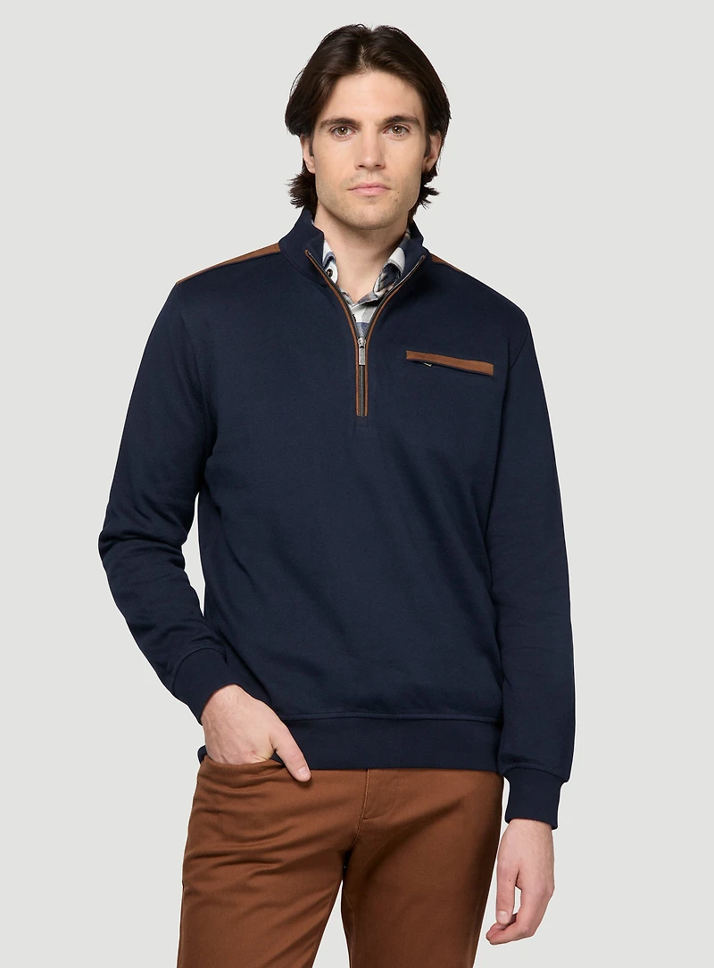 Navy Sweater with Faux Suede Details