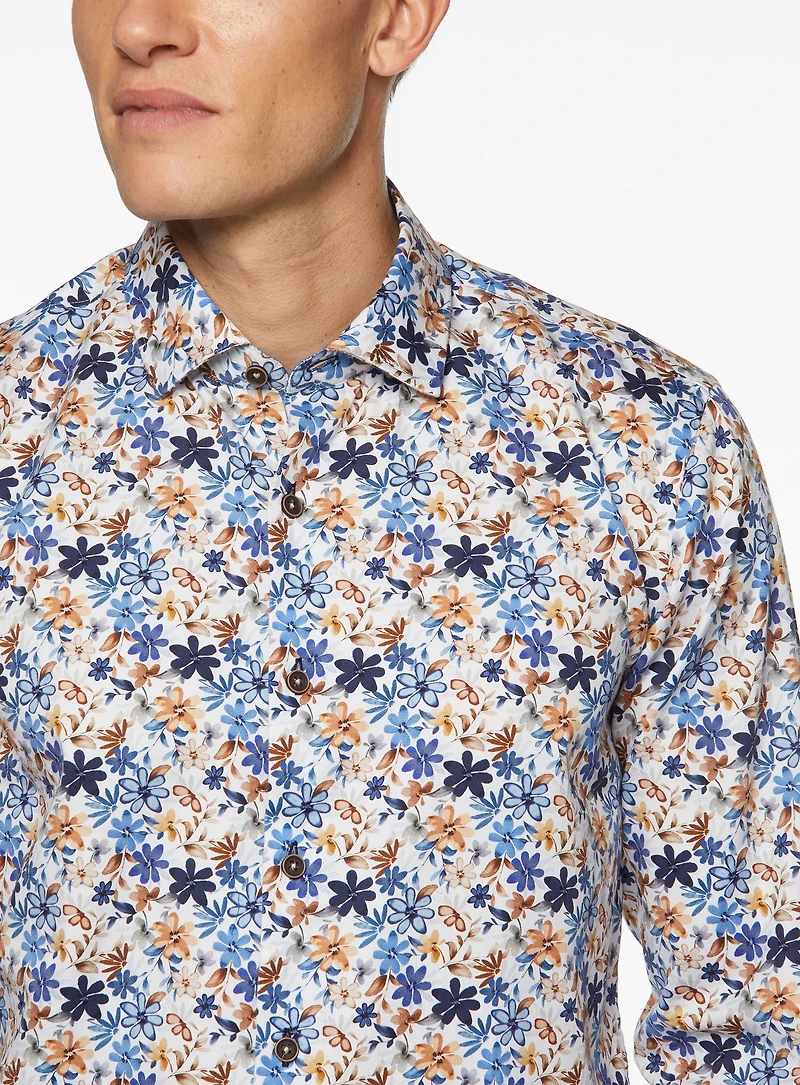 Blue Floral Print Sateen Shirt
