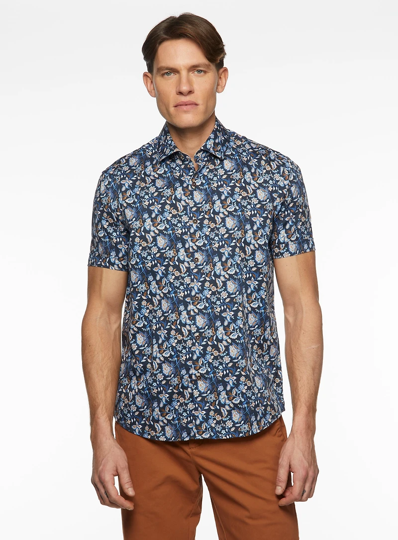 Chemise satinée marine à imprimé floral