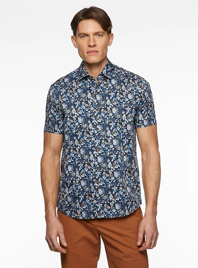 Chemise satinée marine à imprimé floral