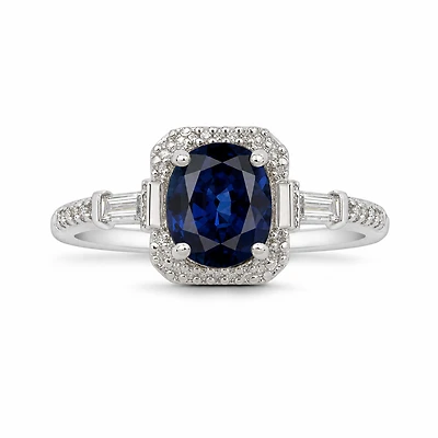Created Sapphire White Baguette Oval Cut Ring 7