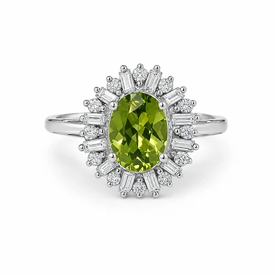 Created Peridot White Baguette Oval Cut Ring 9