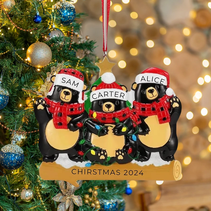 Bears with Scarf & Santa Hat Family of 3 Ornament