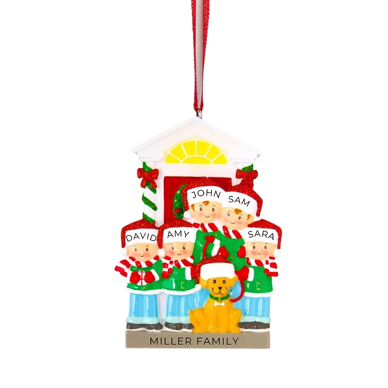Family of 5 with Dog Ornament