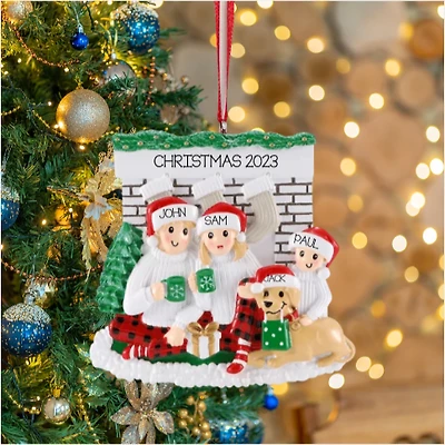 Fireplace Family of 3 with Dog Ornament