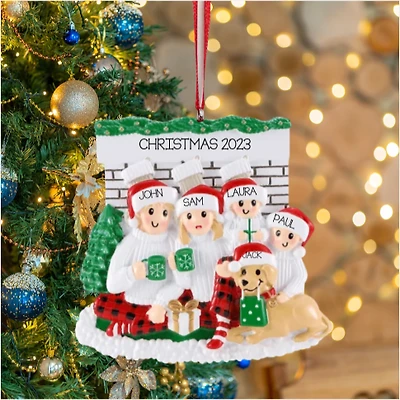 Fireplace Family of 4 with Dog Ornament