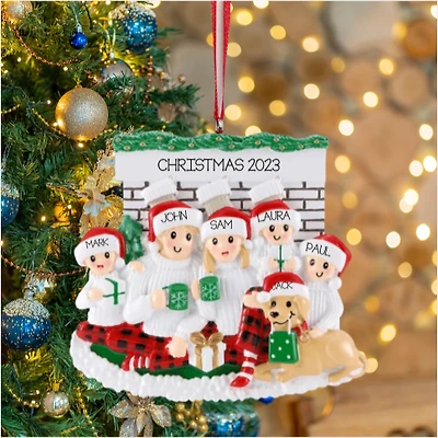 Fireplace Family of 5 with Dog Ornament