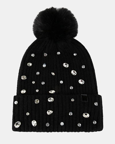RHINESTONE RIB POM BEANIE BLACK