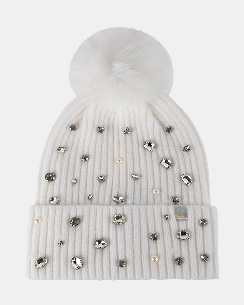 RHINESTONE RIB POM BEANIE NATURAL