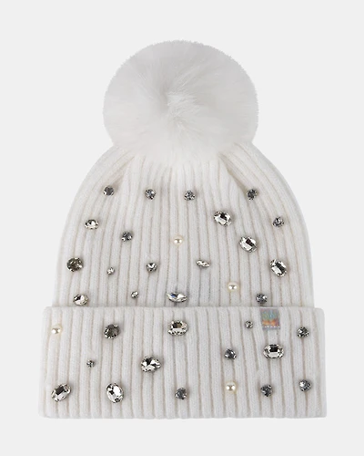 RHINESTONE RIB POM BEANIE NATURAL