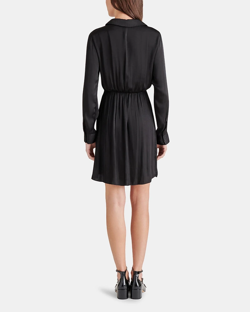 WASHED SATIN FAUX WRAP DRESS BLACK