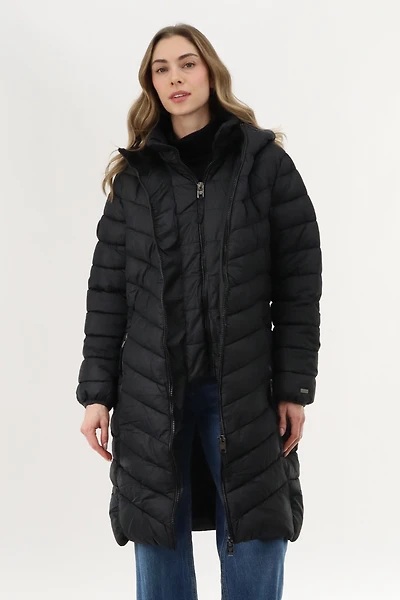 Long Double Zip Chevron Quilted Parka Jacket
