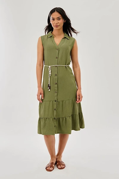 Stylexchange Rope Belted Button Down Day Dress - Olive