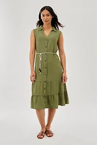 Stylexchange Rope Belted Button Down Day Dress - Olive