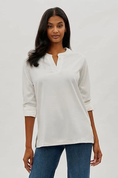 Split Neck Roll Up Sleeve Blouse - White