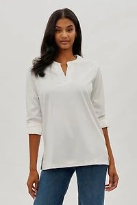 Split Neck Roll Up Sleeve Blouse - White