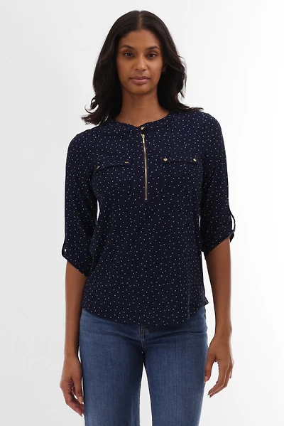 International INC Company Polka Dot Half Zip Blouse - Navy