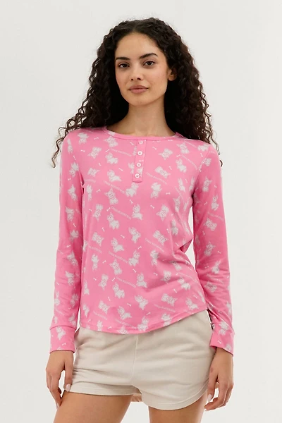 Dog Print Henley Pajama Top - Pink