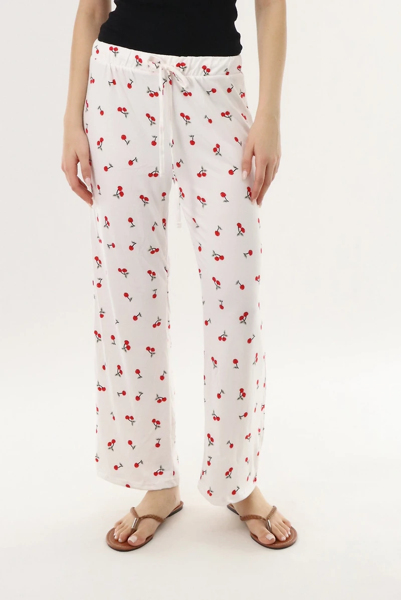 Cherry Print Long Pajama Pants - White