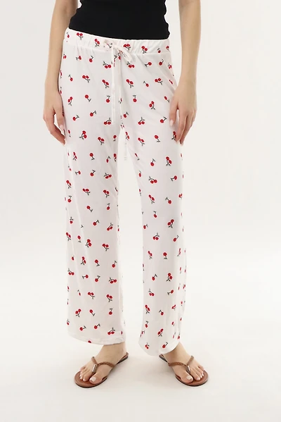 Cherry Print Long Pajama Pants - White