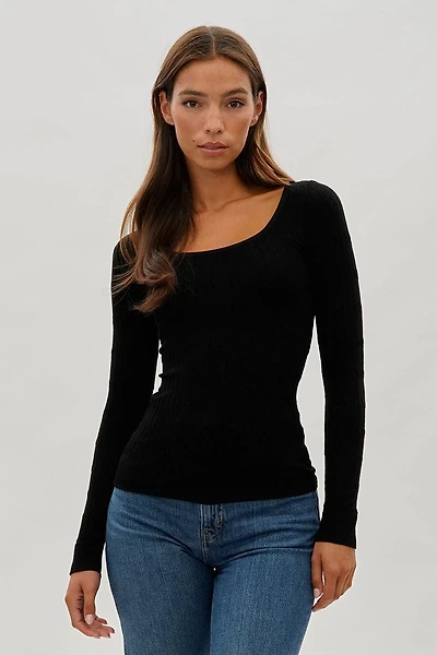International INC Company Ribbed Scoop Neck Long Sleeve Top
