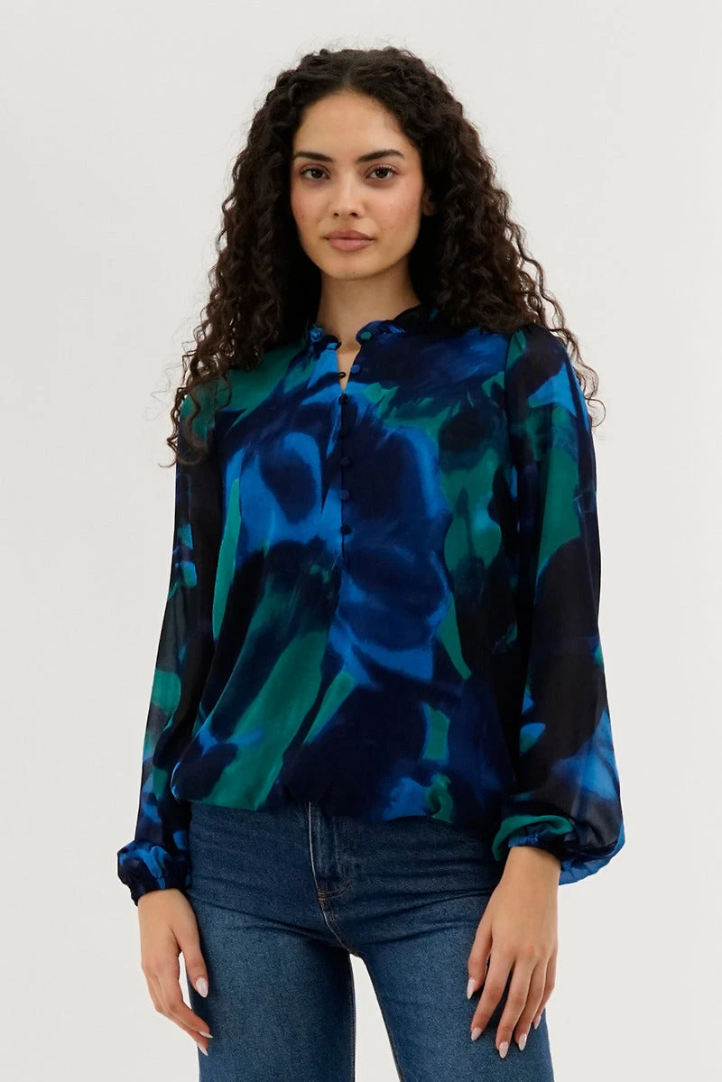 Costa Blanca Patterned Sheer Sleeve Blouse - Navy