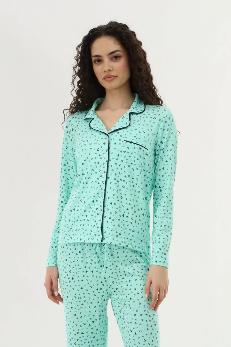 Heart Print Button Up Pajama Top
