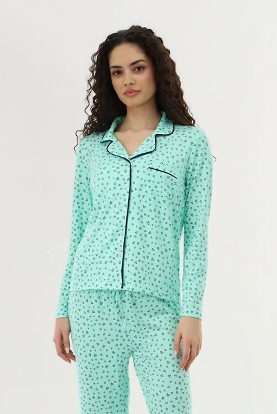 Heart Print Button Up Pajama Top
