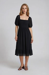 Pleated Puff Sleeve Dress - Navy