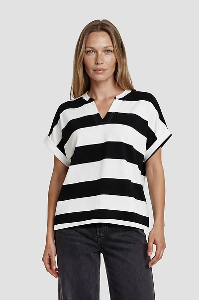 V-Neck Short Sleeve Striped Top - Black