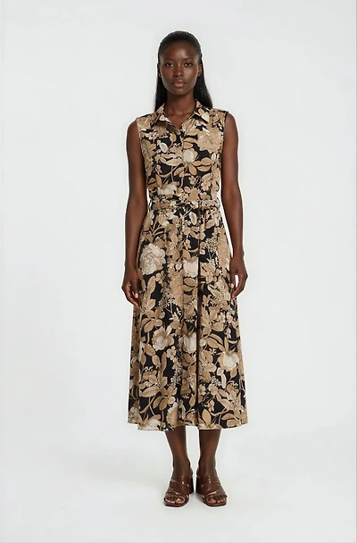 Sleeveless Printed Midi Dress - Black