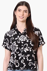International INC Company Leaf Pattern Button Up Cropped Shirt - Black